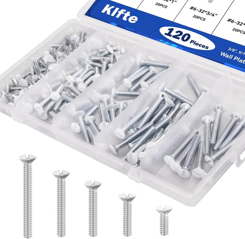 Klfte 120 pcs Wall Plate Screws, White Outlet Screws 6-32 Thread Light Electrical Cover Panel Switch Plate Screws 5 Length Sizes (3/8", 9/16", 3/4", 1", 1.2") - Image 1